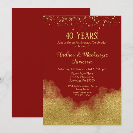 Invitation anniversaire Confetti Or Rouge Ruby 40  (Devant / Derrière)