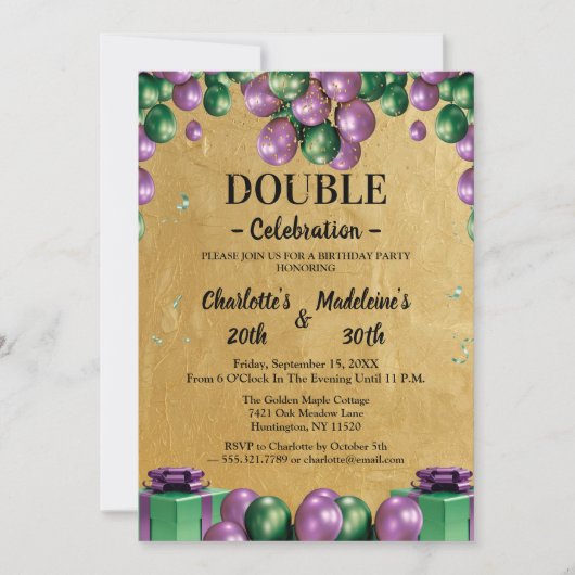 Invitation Anniversaire conjoint avec ballons verts et violet (Devant)