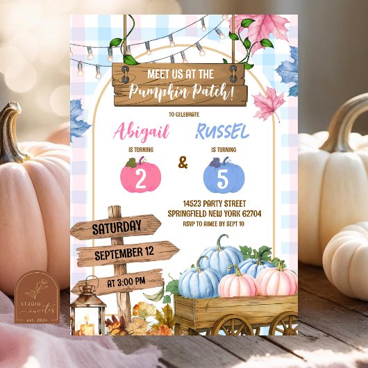 Invitation Anniversaire conjoint Blue Pink Carreaux patch de
