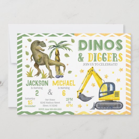 Invitation Anniversaire conjoint de dinosaure et de construct (Devant)