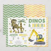 Invitation Anniversaire conjoint de dinosaure et de construct (Devant / Derrière)