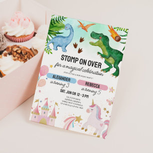 Invitation Anniversaire conjoint de dinosaure et de licorne p