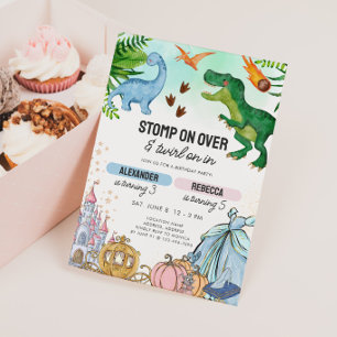 Invitation Anniversaire conjoint de dinosaure et de princesse