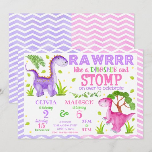 Invitation Anniversaire conjoint de frères et soeurs dinosaur (Devant / Derrière)