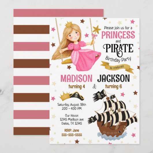 Invitation Anniversaire conjoint de frères et soeurs princess (Devant / Derrière)