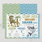 Invitation Anniversaire conjoint de requins et de dinosaures (Devant / Derrière)