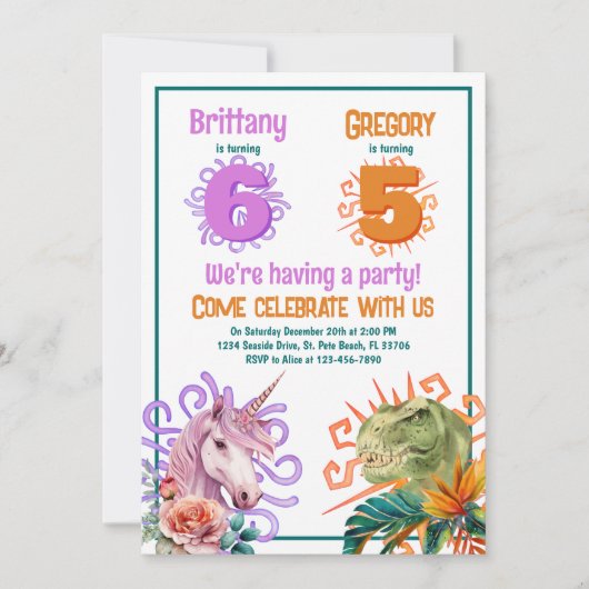 Invitation Anniversaire conjoint de Unicorn Dinosaur (Devant)