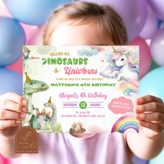 Invitation Anniversaire conjoint des licornes et des dinosaur