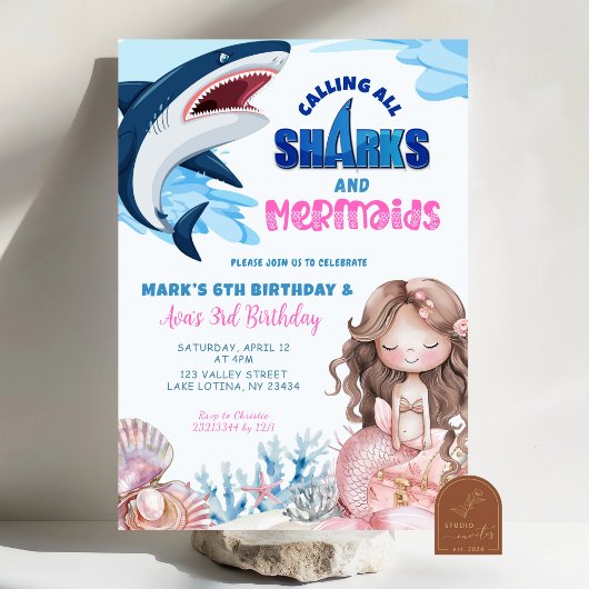 Invitation Anniversaire conjoint d'été de sirène et de requin