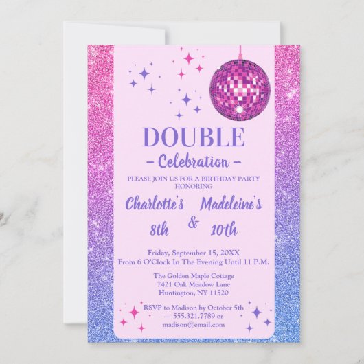 Invitation Anniversaire conjoint rose et bleu pailleté disco (Devant)