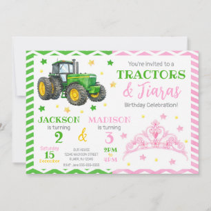 Invitation Anniversaire conjoint tracteur vert et princesse