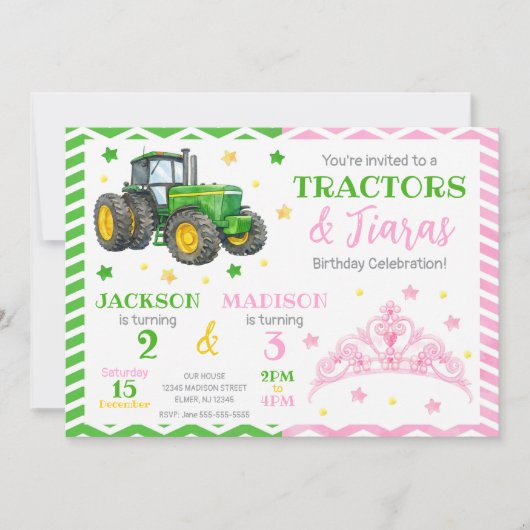 Invitation Anniversaire conjoint tracteur vert et princesse (Devant)