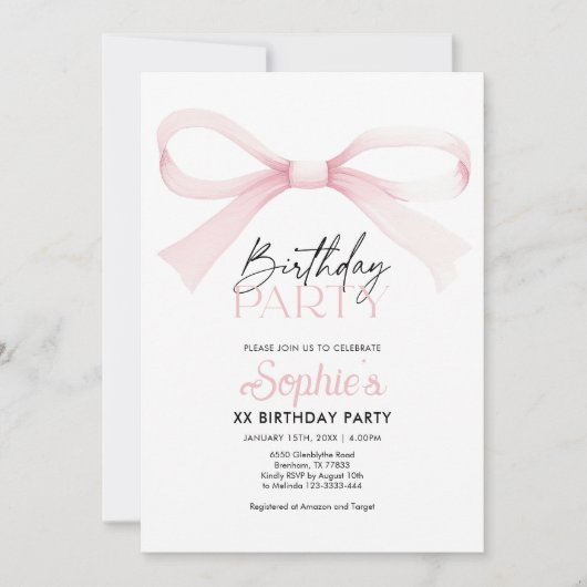 Invitation Anniversaire, Coquette Rose Bow Anniver (Devant)