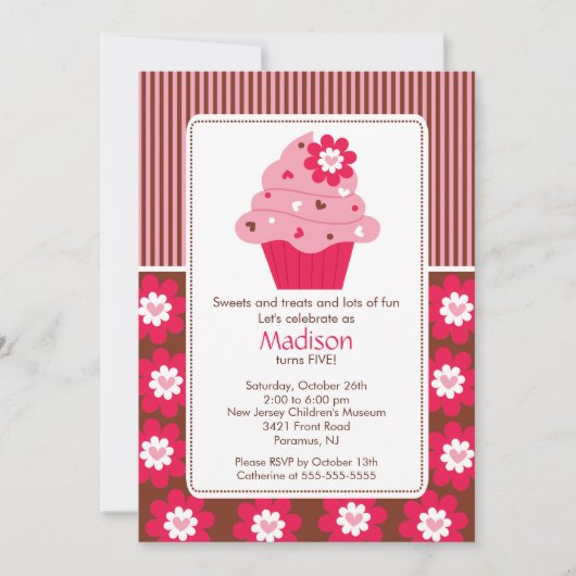 Invitation Anniversaire Cute Fleur Cupcake rose Br (Devant)