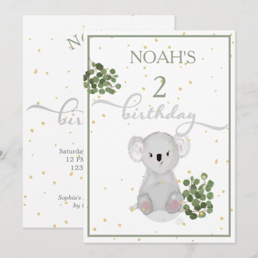 Invitation Anniversaire Cute Koala Green Feuille Gold (Devant / Derrière)