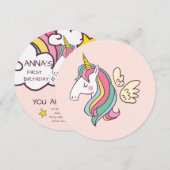 Invitation Anniversaire. Cute Unicorne avec de mignons Coeurs (Devant / Derrière)