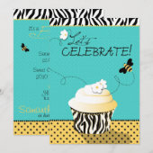 Invitation Anniversaire d'abeille et de petit gâteau (Devant / Derrière)