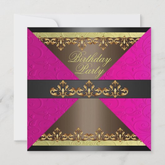 Invitation anniversaire damassé rose/marron et or (Devant)