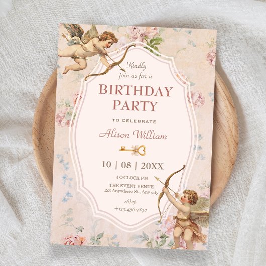 Invitation Anniversaire d'anges romantiques classiques vintag
