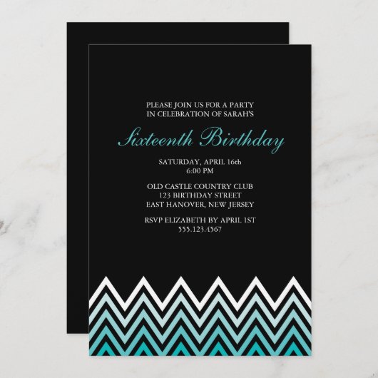 Invitation Anniversaire d'Aqua Ombre Chevrons (Devant / Derrière)