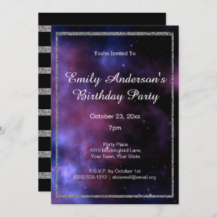 Invitation Anniversaire d'argent de Galaxy bleu violet