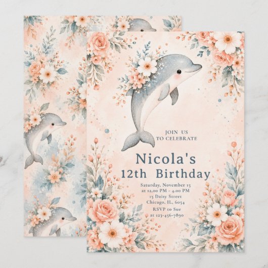 Invitation Anniversaire Dauphin Floral (Devant / Derrière)