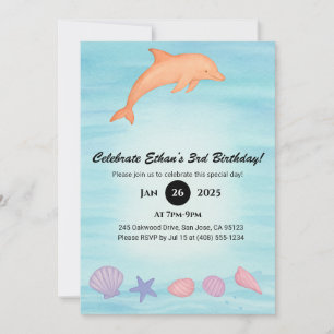 Invitation Anniversaire dauphin rose et plage de coquillages