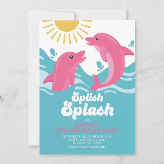 Invitation Anniversaire Dauphin Rose et Violet (Devant)