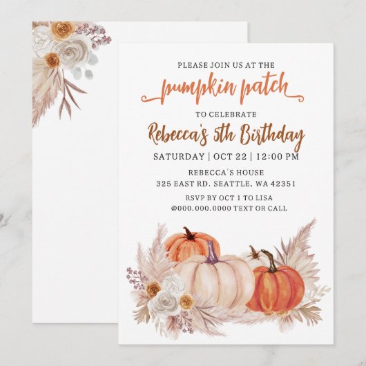 Invitation Anniversaire d'automne Patch de citrouille orange (Devant / Derrière)