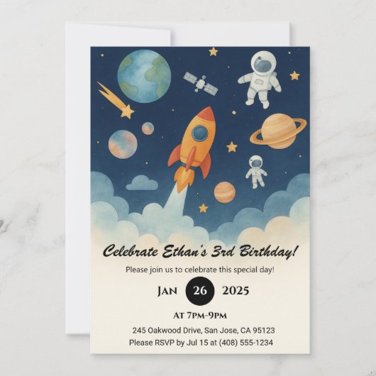 Invitation Anniversaire d'aventure spatiale de fusée et d'ast (Devant)