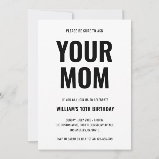 Invitation Anniversaire de 10 ans pour adolescent avec blague (Devant)