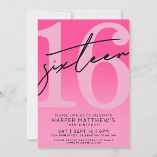 Invitation Anniversaire de 16 ans rose chaud
