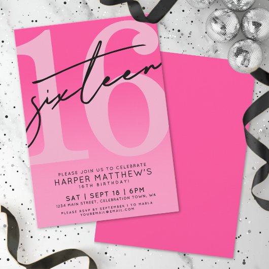 Invitation Anniversaire de 16 ans rose chaud