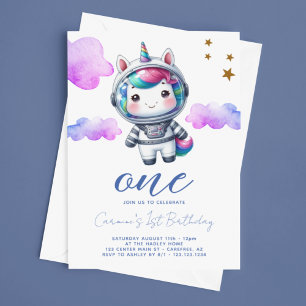 Invitation Anniversaire de 1 an de Baby Licorne Astronaute