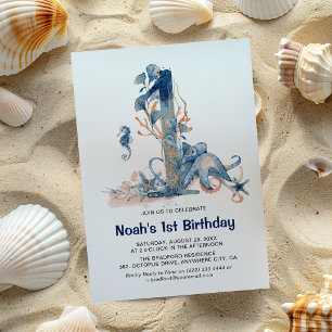 Invitation Anniversaire de 1 an garçon sous l'océan aquarelle