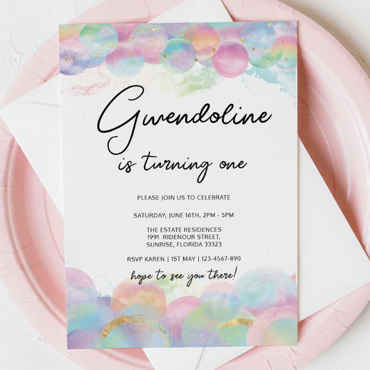 Invitation Anniversaire de 1 an Gold Shimmer et Bubble Rainbo
