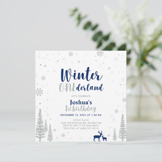 Invitation Anniversaire de 1 an Silver & Navy Winter Onederla (Debout devant)