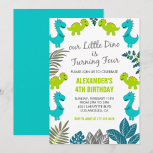 Invitation Anniversaire de 4 ans de dinosaure jungle vert din