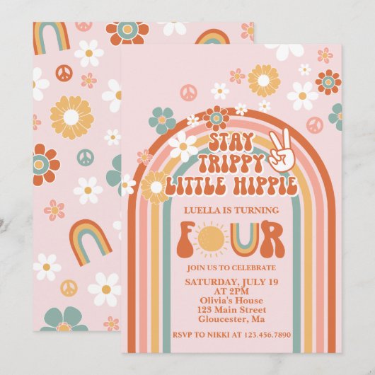 Invitation Anniversaire de 4 ans Hippie Rainbow (Devant / Derrière)