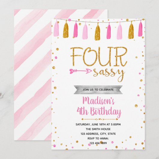 Invitation Anniversaire de 4 ans sassy (Devant / Derrière)