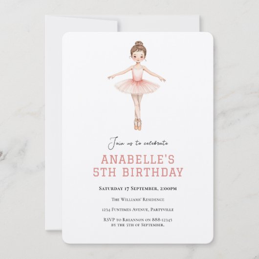 Invitation Anniversaire de 5 ans de fille ballet (Devant)