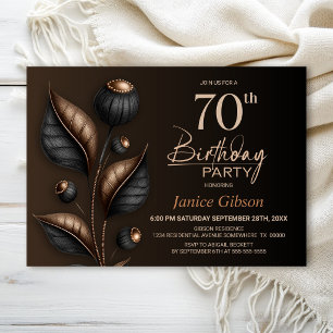 Invitation Anniversaire de 70 ans au eucalyptus noir et cuivr
