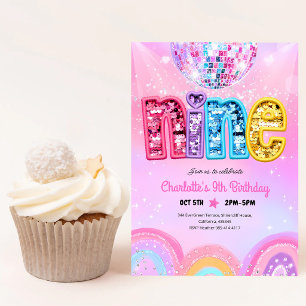 Invitation Anniversaire de 9 ans Disco Paillettes Arc-en-Ciel
