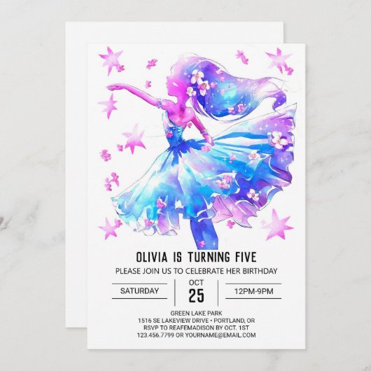 Invitation Anniversaire de Ballerina numérique simple (Devant / Derrière)