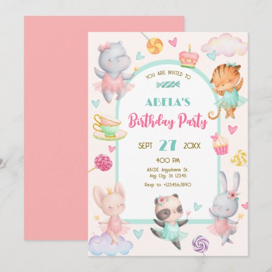 Invitation Anniversaire de ballerine Pastel (Devant / Derrière)