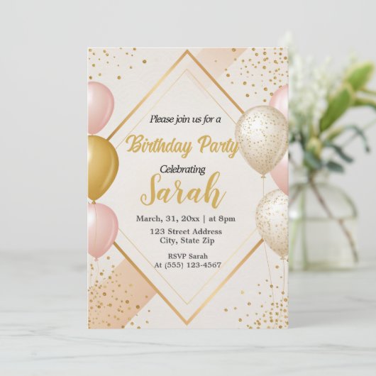 Invitation anniversaire de ballon or et floral roux (Debout devant)