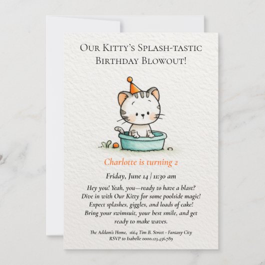 Invitation anniversaire de bébé chatte fantaisiste (Devant)