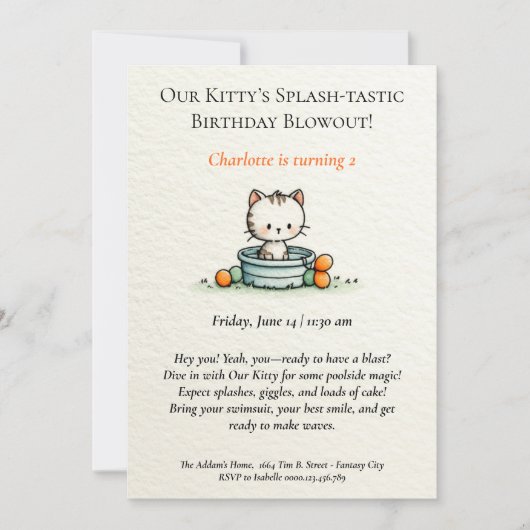 Invitation anniversaire de bébé chatte fantaisiste (Devant)