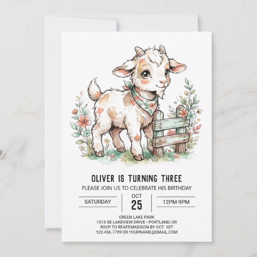 Invitation Anniversaire de bébé chèvre rustique (Devant)