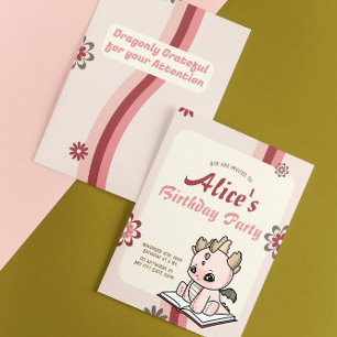 Invitation Anniversaire de bébé dragon pastel rose jaune rétr